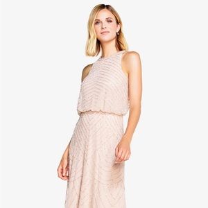 Art Deco Beaded Blouson Dress With Halter Neckline In Blush *Hemmed*